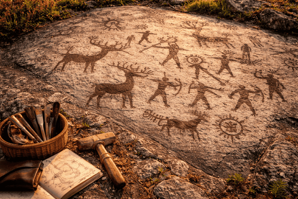 Antike Felszeichnungen von Jägern, Hirschen und Sonnenmotiven, die in eine Felsoberfläche im Val Camonica gemeißelt wurden, mit einem Korb mit archäologischen Werkzeugen, einem Hammer und einem Skizzenbuch, das ähnliche Zeichnungen zeigt, in der Nähe. | alien-fakten.de