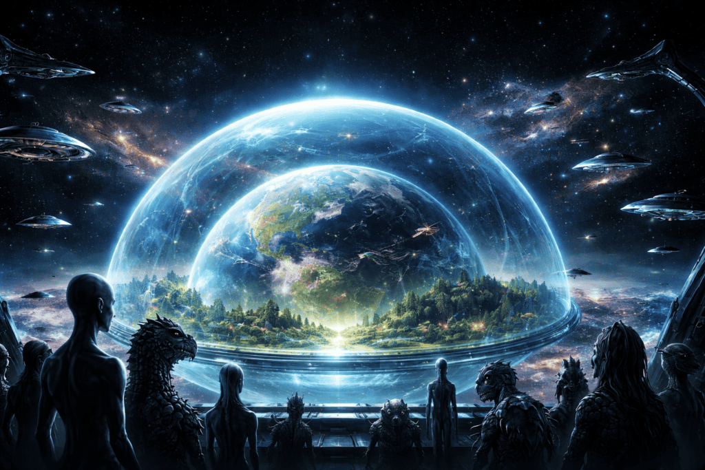Eine Gruppe außerirdischer Figuren beobachtet einen üppigen, erdähnlichen Planeten, der von einer glühenden Kuppel geschützt wird - eine von der Galaktischen Zoo-Theorie inspirierte Szene -, umgeben von Raumschiffen und Sternen in einer futuristischen, kosmischen Umgebung. | alien-fakten.de