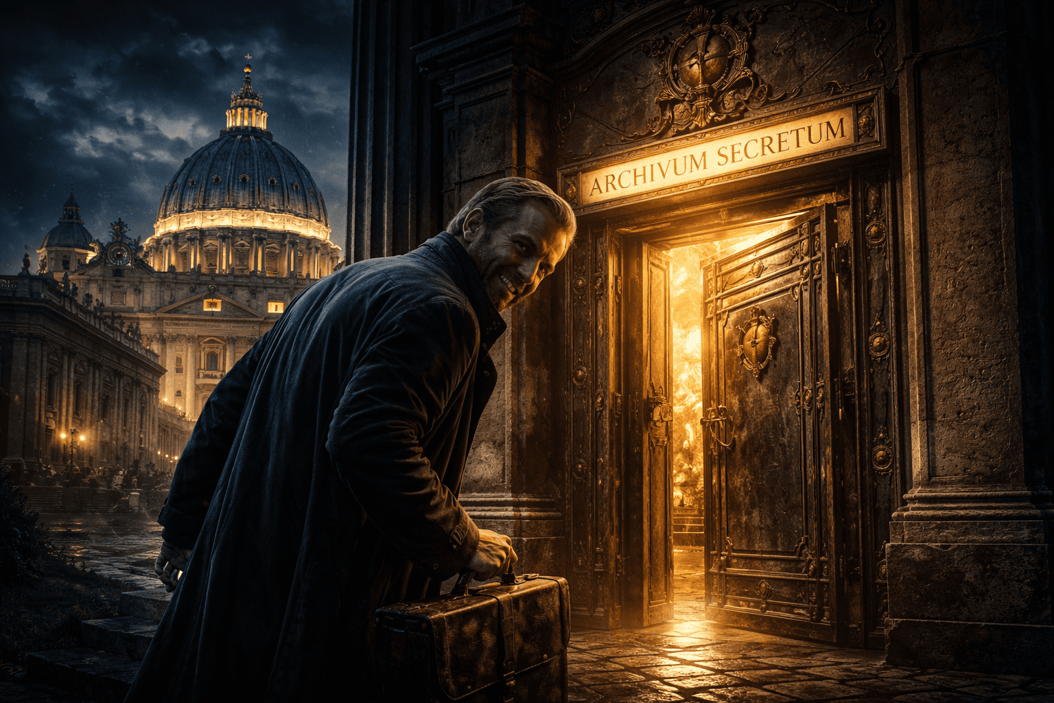 Ein Mann mit einer Aktentasche steht nachts vor dem verschnörkelten, leuchtenden Tor mit der Aufschrift Archivum Secretum. Der Eingang zum vatikanischen Geheimarchiv ist beleuchtet, und er wirft einen vorsichtigen Blick zurück, bevor er hineinschlüpft. | alien-fakten.de