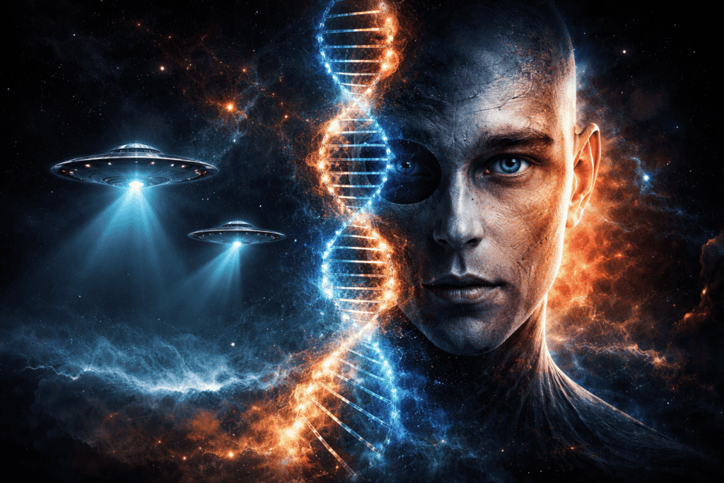Ein halb menschliches, halb kybernetisches Gesicht mit leuchtenden blauen Augen erscheint als Missing Link neben einer leuchtenden Genetik-DNA-Helix, wirbelnden kosmischen Wolken und zwei UFOs im Hintergrund, die Lichtstrahlen aussenden. | alien-fakten.de