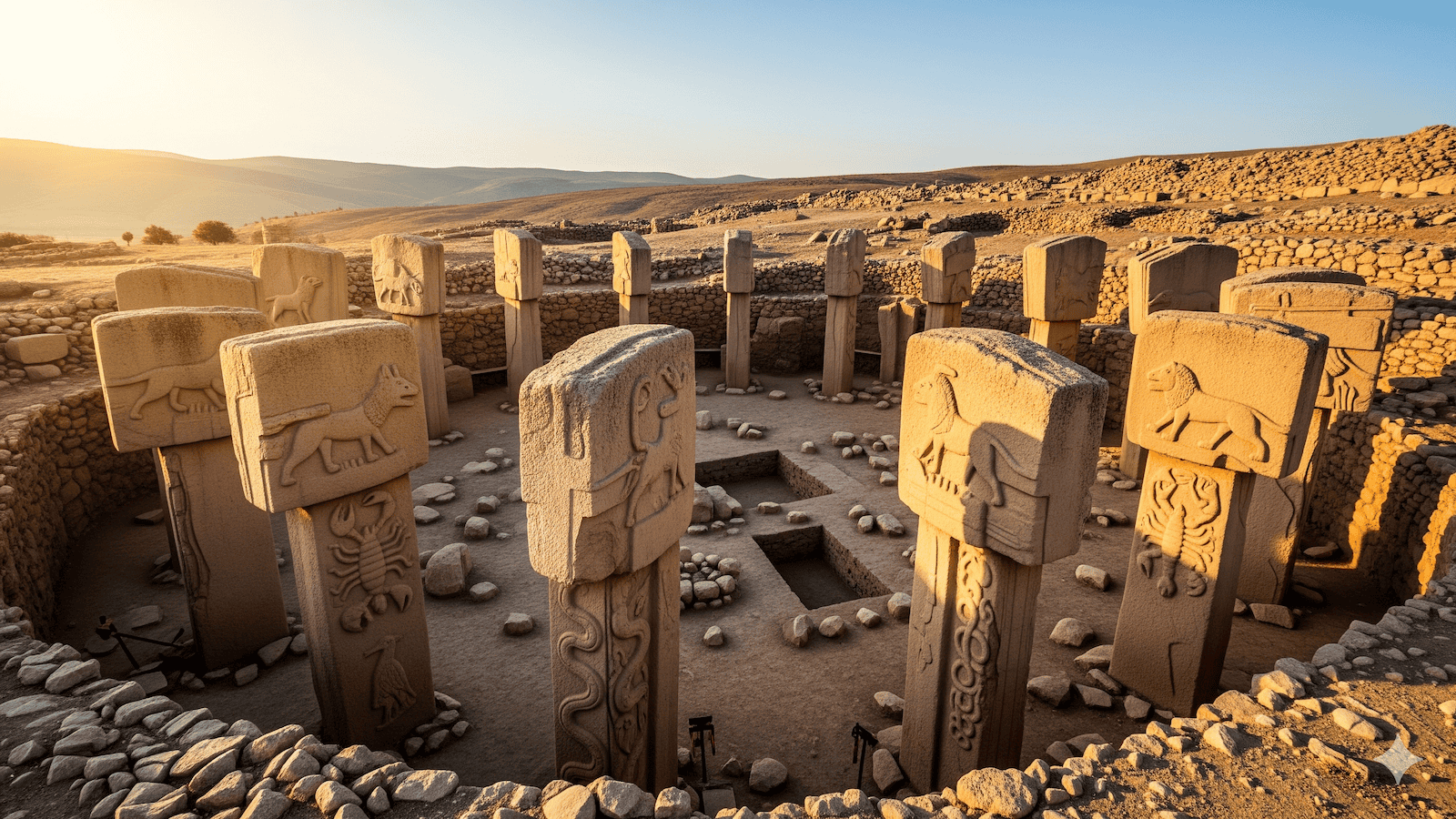 Antike Steinsäulen mit Tierdarstellungen stehen kreisförmig in Göbekli Tepe, einer archäologischen Stätte in einer felsigen, sonnenbeschienenen Landschaft mit Hügeln im Hintergrund. | alien-fakten.de