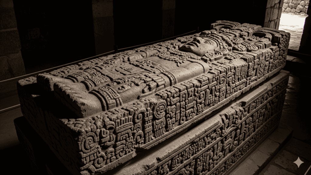 Ein steinerner Sarkophag mit kunstvollen Schnitzereien und einer detailliert geschnitzten Figur liegt in einer schwach beleuchteten antiken Umgebung, möglicherweise in einem Tempel oder einer Gruft. | alien-fakten.de