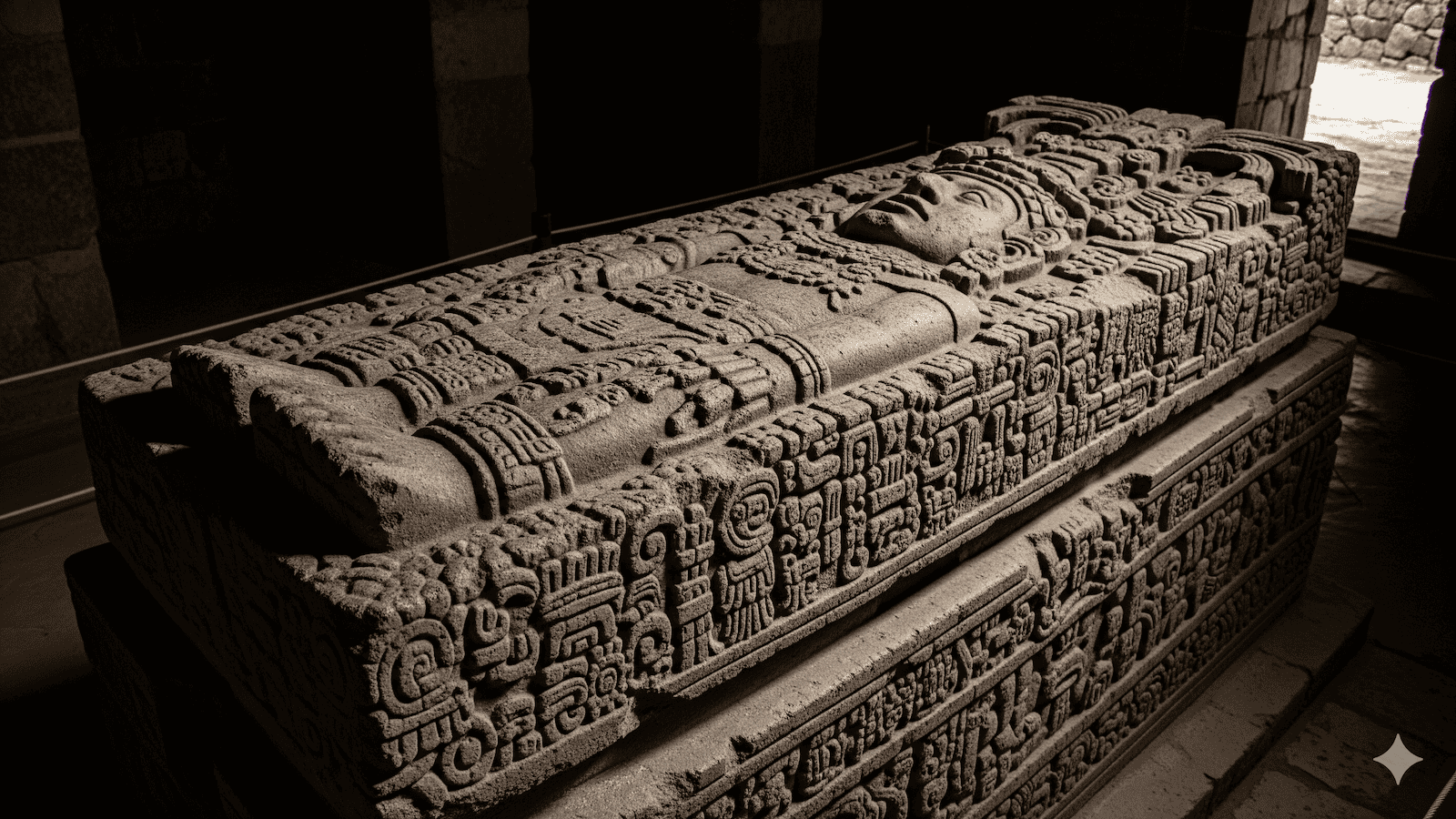 Ein steinerner Sarkophag mit kunstvollen Schnitzereien und einer detailliert geschnitzten Figur liegt in einer schwach beleuchteten antiken Umgebung, möglicherweise in einem Tempel oder einer Gruft. | alien-fakten.de