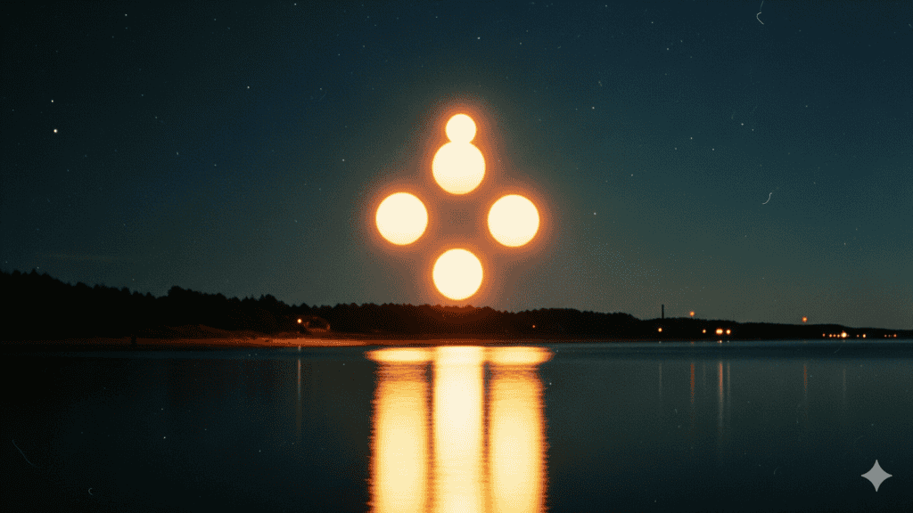 Eine nächtliche Szene über einem ruhigen See mit fünf hellen, leuchtenden Kugeln, die kreuzförmig am Himmel angeordnet sind und deren Spiegelungen auf dem Wasser schimmern; in der Ferne sind die Uferlinien unter einem Sternenhimmel zu sehen. | alien-fakten.de