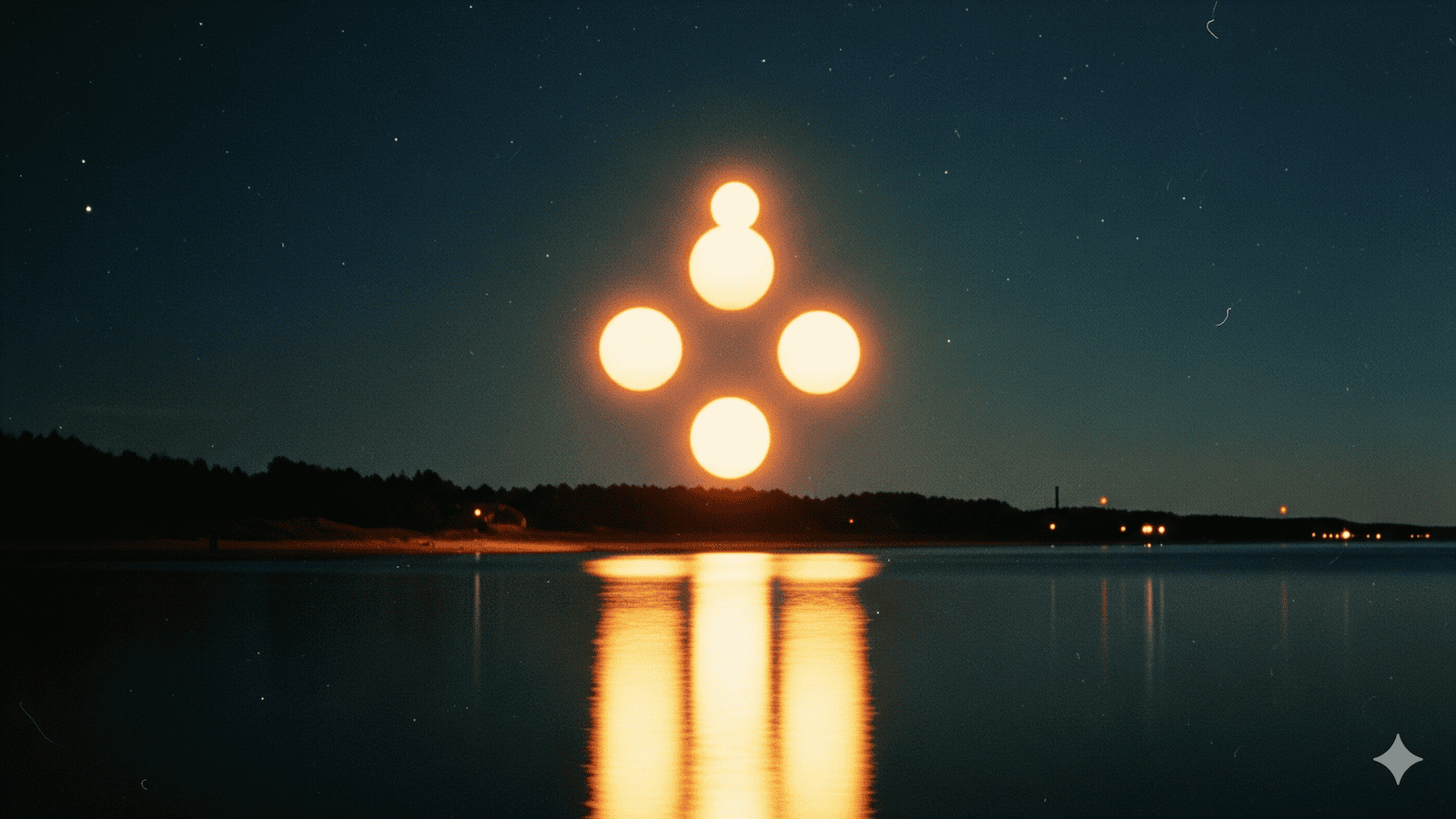 Eine nächtliche Szene über einem ruhigen See mit fünf hellen, leuchtenden Kugeln, die kreuzförmig am Himmel angeordnet sind und deren Spiegelungen auf dem Wasser schimmern; in der Ferne sind die Uferlinien unter einem Sternenhimmel zu sehen. | alien-fakten.de