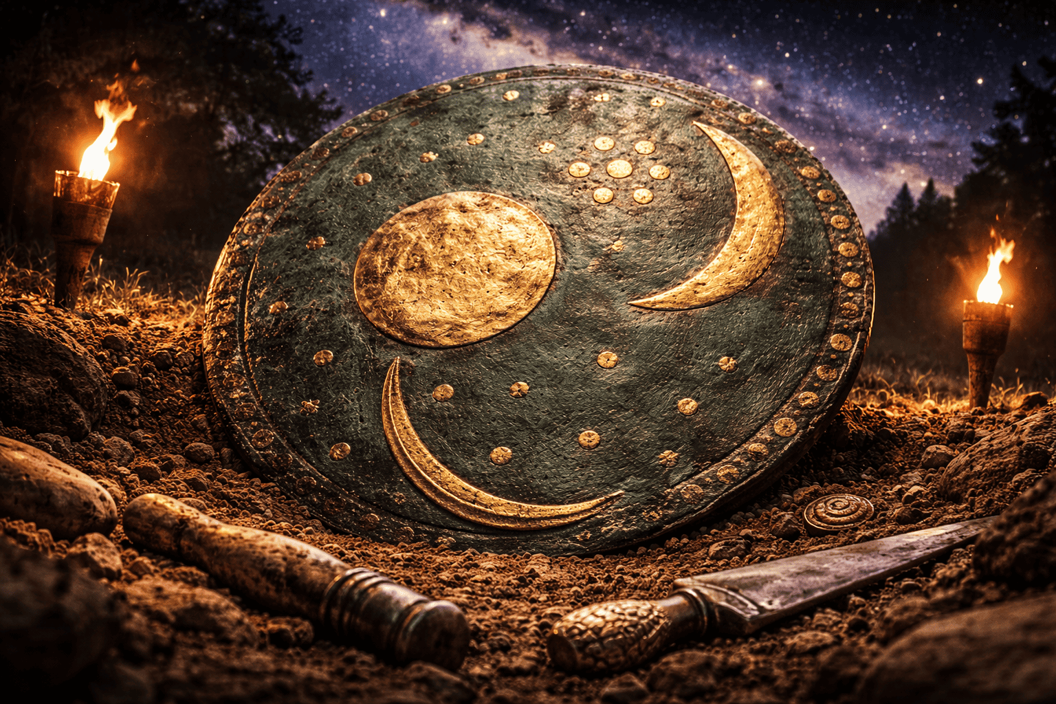 Ein alter kreisförmiger Schild, der von der Himmelsscheibe von Nebra inspiriert wurde und mit goldenen Himmelszeichen - Sonne, Mond und Sterne - verziert ist, ruht nachts in der Erde zwischen zwei brennenden Fackeln, mit einem Dolch und einem Sternenhimmel im Hintergrund. | alien-fakten.de