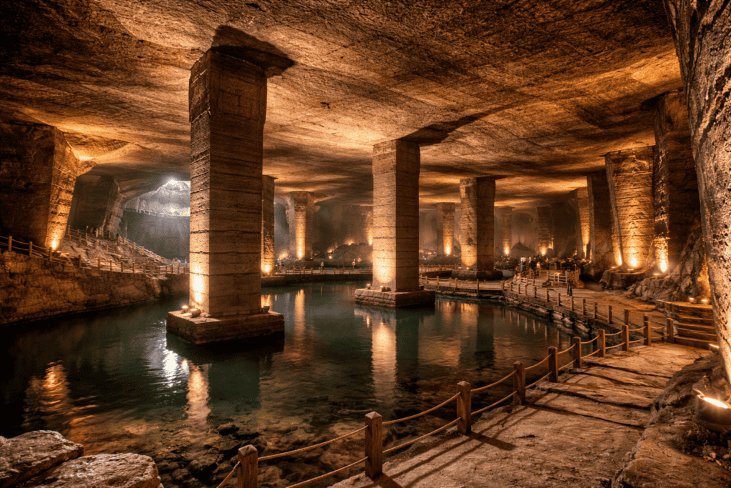 Unterirdische Höhle, inspiriert von den Longyou-Höhlen, mit hohen, rechteckigen Steinsäulen, die sich in einem stillen Wasserbecken spiegeln, beleuchtet von warmen Lichtern entlang eines von einem Seilzaun gesäumten Weges. Die grob behauenen Steinwände erinnern an alte chinesische Höhlen. | alien-fakten.de
