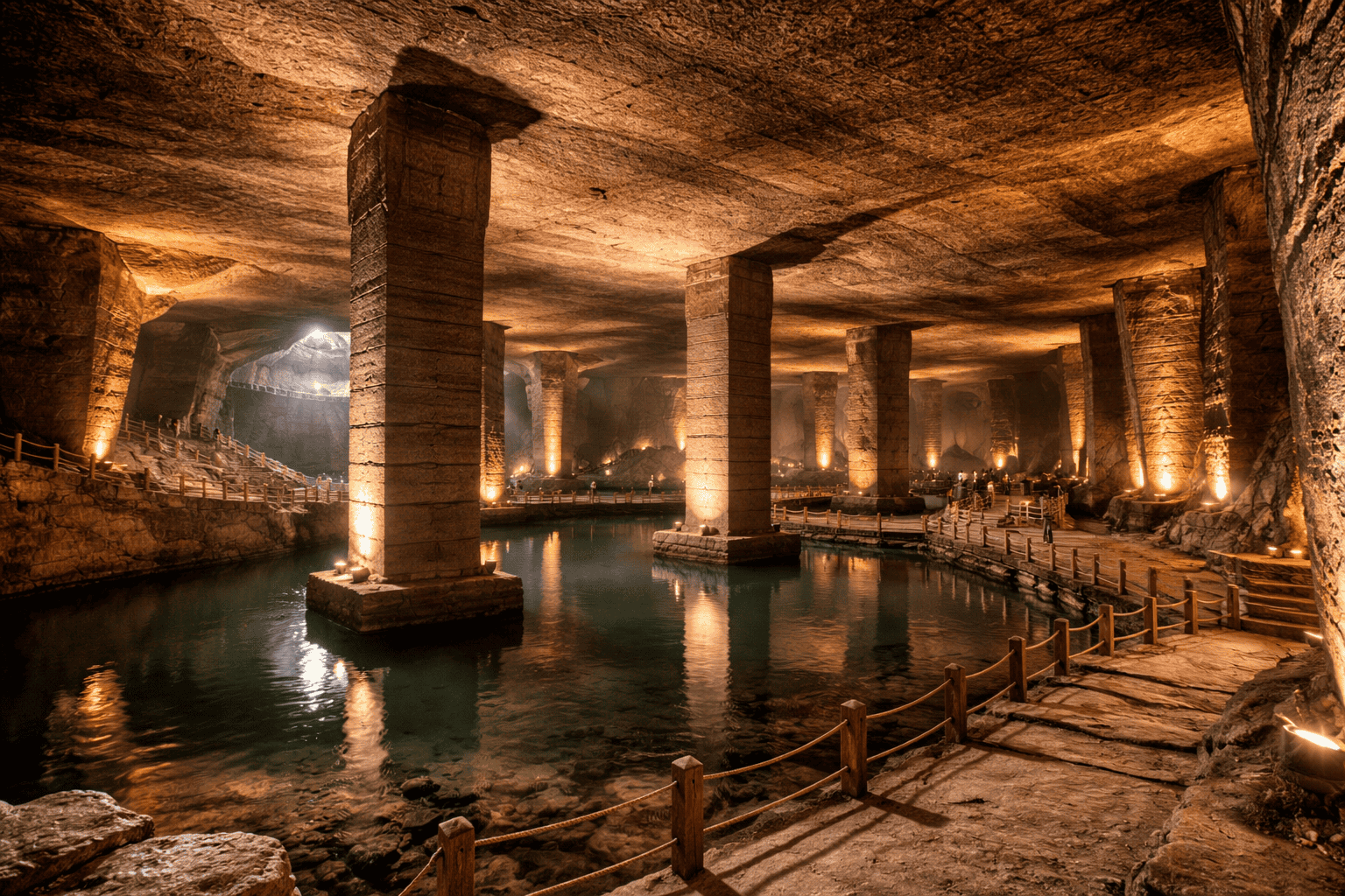 Unterirdische Höhle, inspiriert von den Longyou-Höhlen, mit hohen, rechteckigen Steinsäulen, die sich in einem stillen Wasserbecken spiegeln, beleuchtet von warmen Lichtern entlang eines von einem Seilzaun gesäumten Weges. Die grob behauenen Steinwände erinnern an alte chinesische Höhlen. | alien-fakten.de