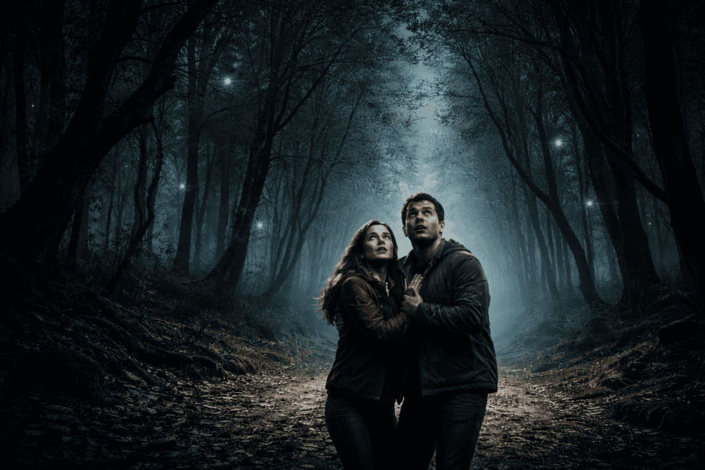 Ein verängstigter Mann und eine verängstigte Frau stehen nachts dicht beieinander auf einem nebligen Pfad im Hoia-Baciu-Wald und blicken auf geheimnisvolle, leuchtende Lichter zwischen den dunklen, hohen Bäumen, die sie in diesem Spukwald umgeben. | alien-fakten.de