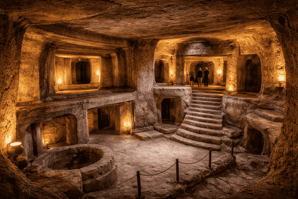 Eine große, uralte unterirdische Kammer, die an das Hypogäum von Hal-Saflieni erinnert, weist geschnitzte Steinwände, Bögen und Treppen auf, die von bernsteinfarbenem Licht sanft beleuchtet werden. Im Hintergrund stehen drei Personen, die die komplizierte Architektur und die Größe des Raums hervorheben. | alien-fakten.de