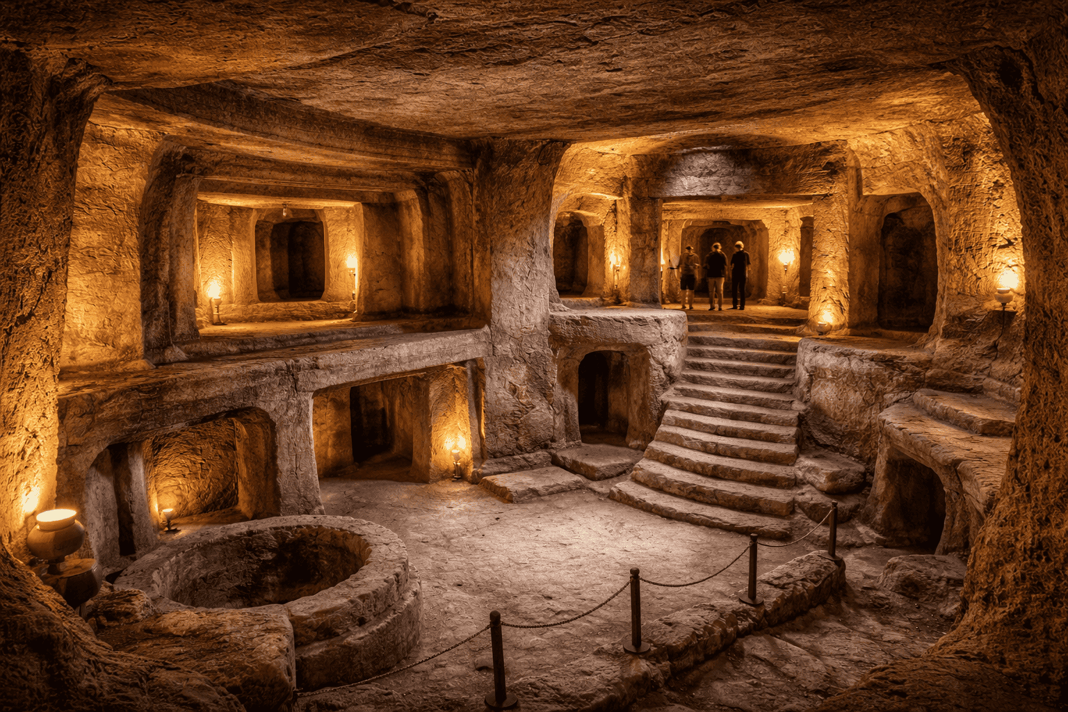 Eine große, uralte unterirdische Kammer, die an das Hypogäum von Hal-Saflieni erinnert, weist geschnitzte Steinwände, Bögen und Treppen auf, die von bernsteinfarbenem Licht sanft beleuchtet werden. Im Hintergrund stehen drei Personen, die die komplizierte Architektur und die Größe des Raums hervorheben. | alien-fakten.de