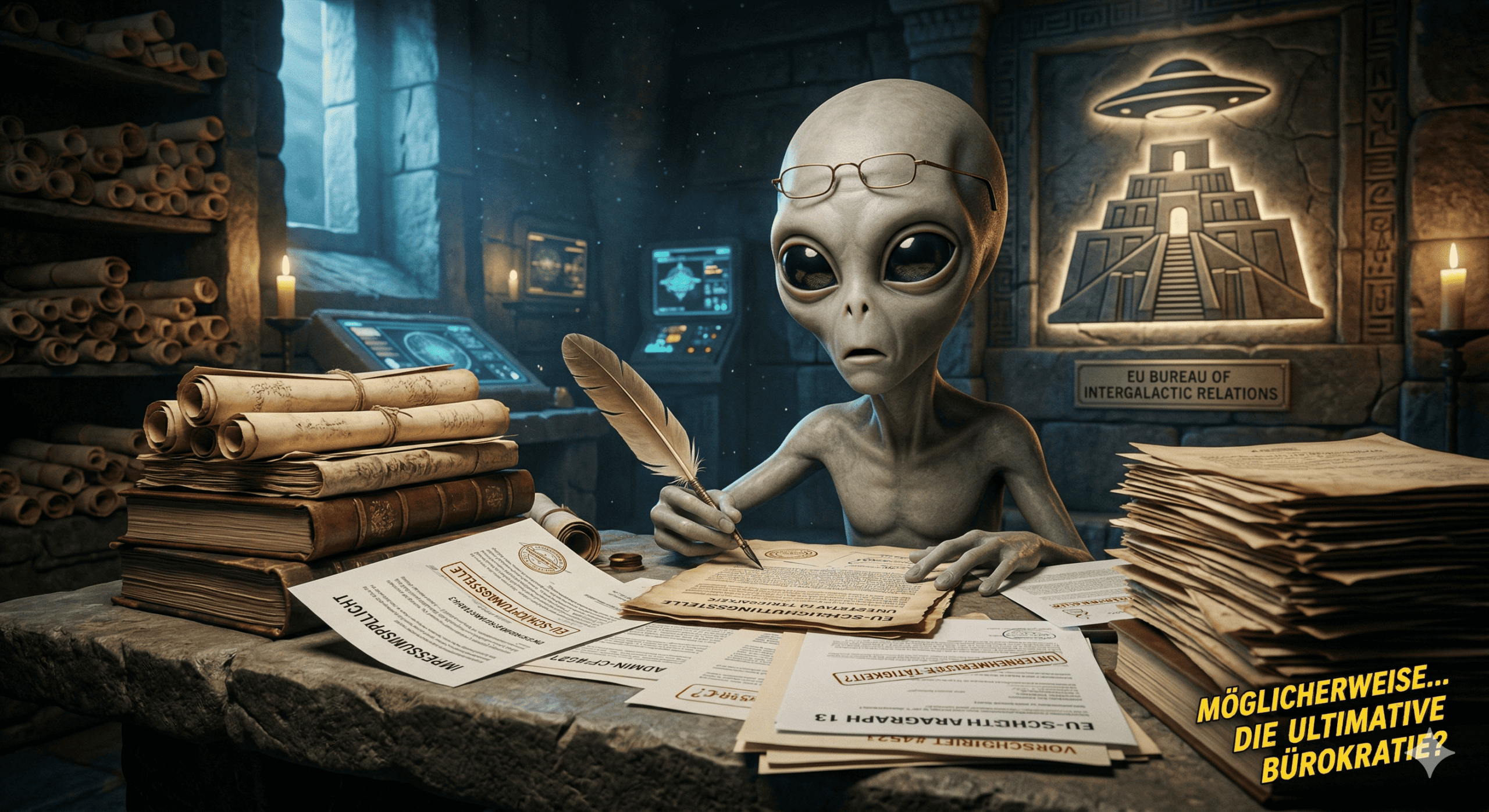 Ein Außerirdischer mit Brille sitzt an einem unordentlichen Schreibtisch und schreibt mit einer Feder zwischen Stapeln von Papierkram in einem schummrigen, offiziell wirkenden Raum. Auf einem Schild steht EU Bureau of Intergalactic Relations. Ein deutscher Text erscheint: Möglicherweise... die ultimative Bürokratie?. | alien-fakten.de