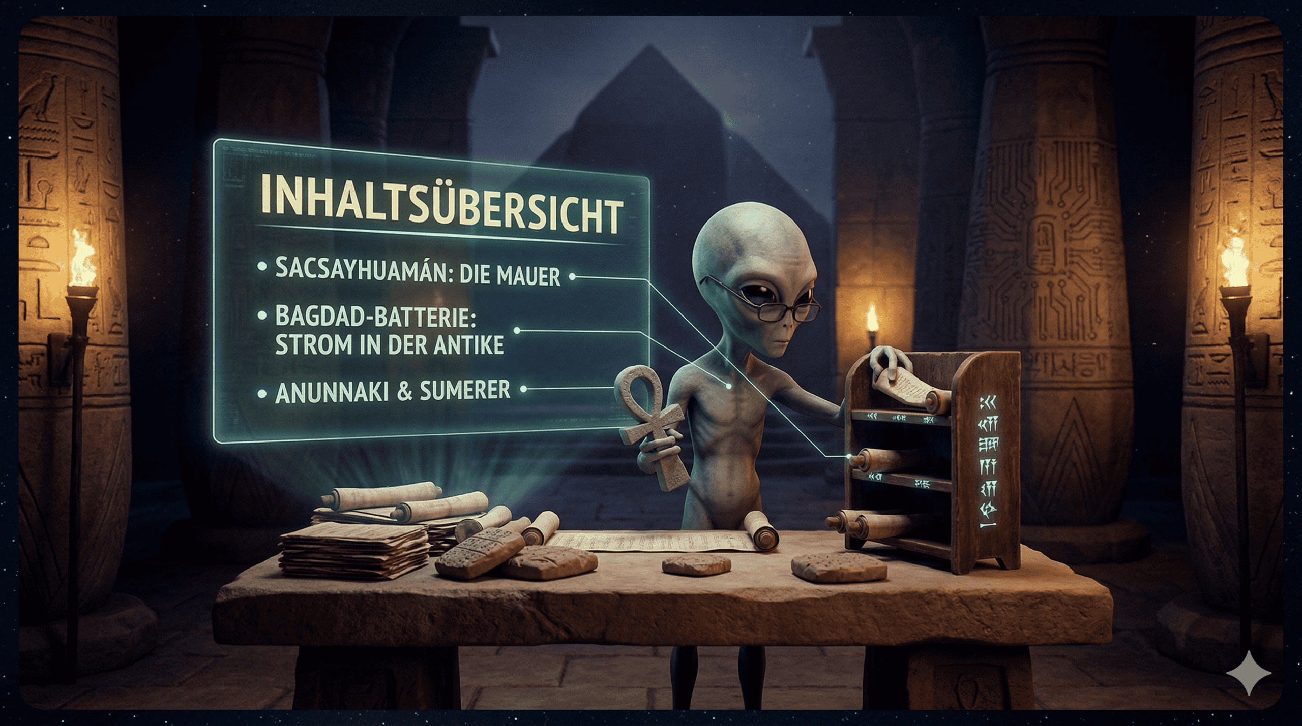 Ein in 3D gerenderter Außerirdischer steht in einem alten Steintempel und untersucht Schriftrollen und ein Batteriemodell. Ein leuchtendes Hologramm mit dem Titel "Inhaltsübersicht" listet Themen auf: Sacsayhuamán-Mauer, Baghdad-Batterie und Anunnaki & Sumerer. | alien-fakten.de