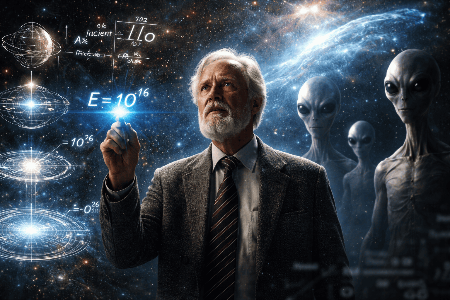 Kardaschow im Anzug schreibt komplexe Gleichungen in die Luft, umgeben von holografischen Wissenschaftssymbolen, während drei Außerirdische eine sternübersäte Galaxie beobachten - eine Szene, die von der Kardaschow-Skala der kosmischen Zivilisationen inspiriert ist. | alien-fakten.de