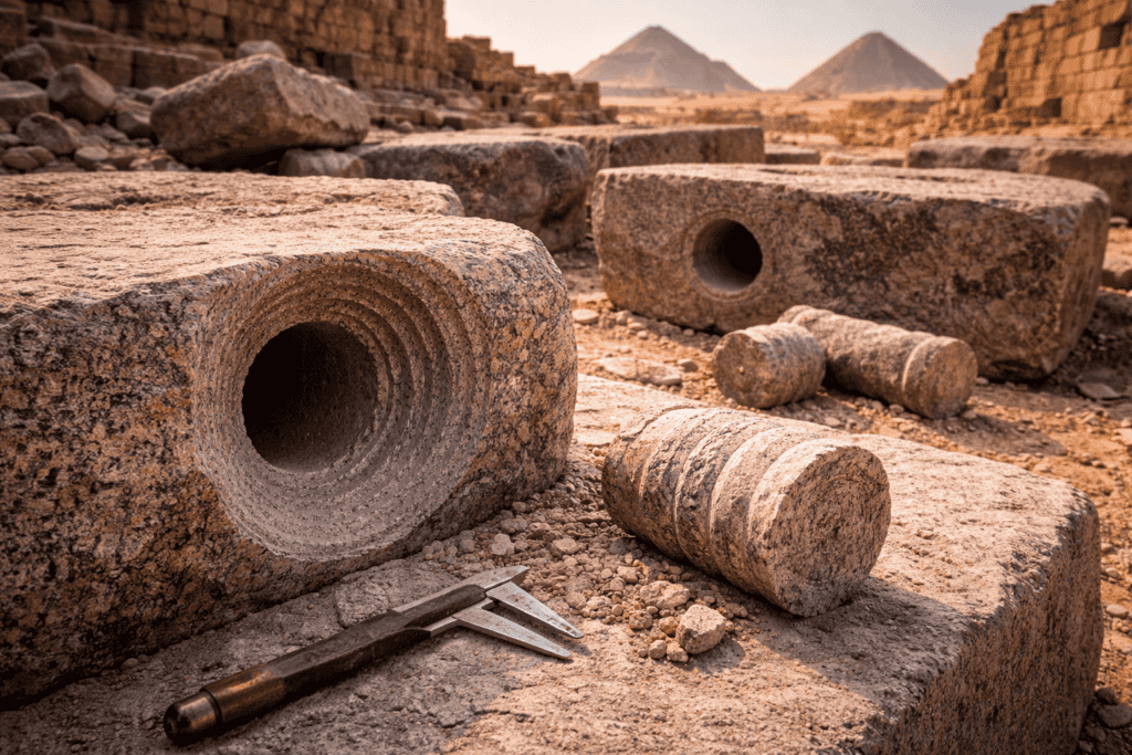 Große antike Steinblöcke mit präzisen Kernbohrungen und zylindrischen Kernen liegen verstreut auf dem Boden bei Abusir. In der Nähe liegt ein metallener Messschieber. Im Hintergrund erheben sich Pyramiden und Ruinen unter einem dunstigen Himmel. | alien-fakten.de