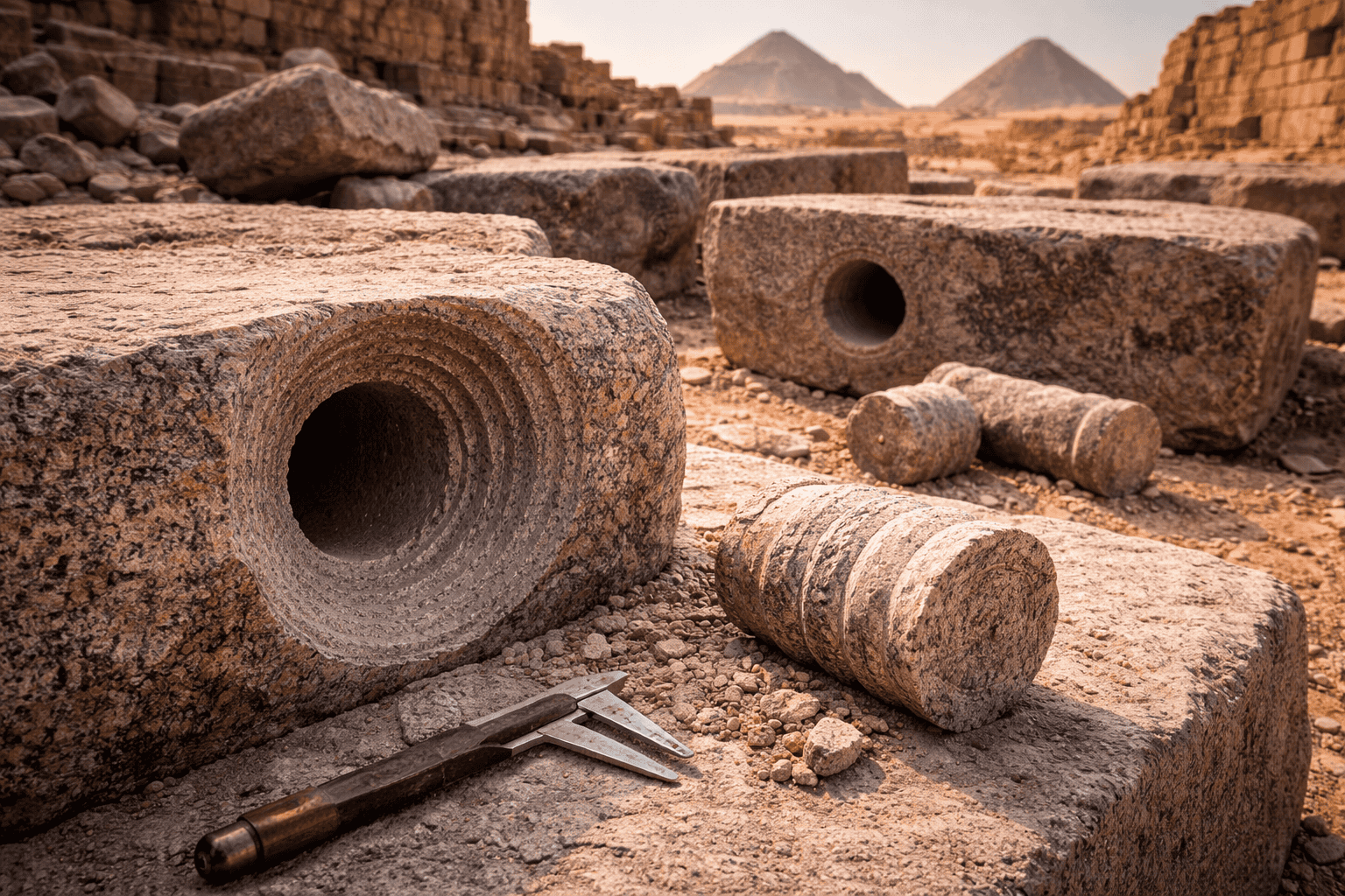 Große antike Steinblöcke mit präzisen Kernbohrungen und zylindrischen Kernen liegen verstreut auf dem Boden bei Abusir. In der Nähe liegt ein metallener Messschieber. Im Hintergrund erheben sich Pyramiden und Ruinen unter einem dunstigen Himmel. | alien-fakten.de