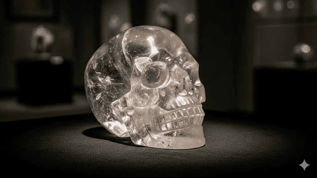 Ein klarer Kristallschädel wird auf einer dunklen Fläche mit sanfter Beleuchtung dargestellt, die seine glatten und detaillierten Merkmale hervorhebt. Der Hintergrund ist unscharf und lenkt die Aufmerksamkeit auf den Schädel. | alien-fakten.de