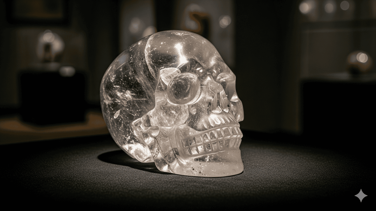 Ein klarer Kristallschädel wird auf einer dunklen Fläche mit sanfter Beleuchtung dargestellt, die seine glatten und detaillierten Merkmale hervorhebt. Der Hintergrund ist unscharf und lenkt die Aufmerksamkeit auf den Schädel. | alien-fakten.de