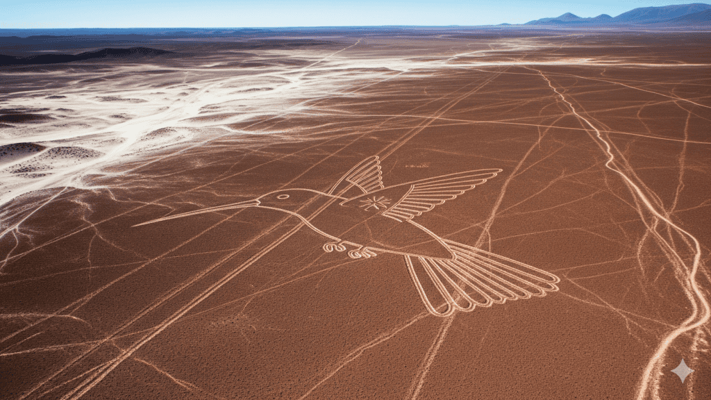 Eine große Geoglyphe eines Kolibris ist in den rötlich-braunen Wüstenboden geätzt, umgeben von Linien und Formen, mit Bergen im fernen Hintergrund. | alien-fakten.de