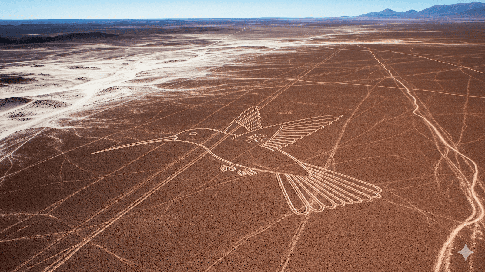 Eine große Geoglyphe eines Kolibris ist in den rötlich-braunen Wüstenboden geätzt, umgeben von Linien und Formen, mit Bergen im fernen Hintergrund. | alien-fakten.de