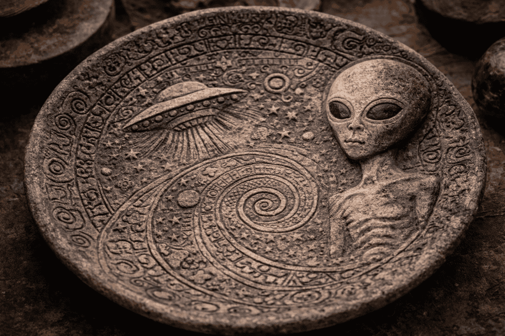 Eine runde Steinskulptur, die so genannte Lolladoff-Platte, zeigt eine außerirdische Figur mit großen Augen, einem spiralförmigen Muster, Sternen und einer fliegenden Untertasse, die Strahlen aussendet, umgeben von geheimnisvollen Symbolen und komplizierten Mustern. | alien-fakten.de