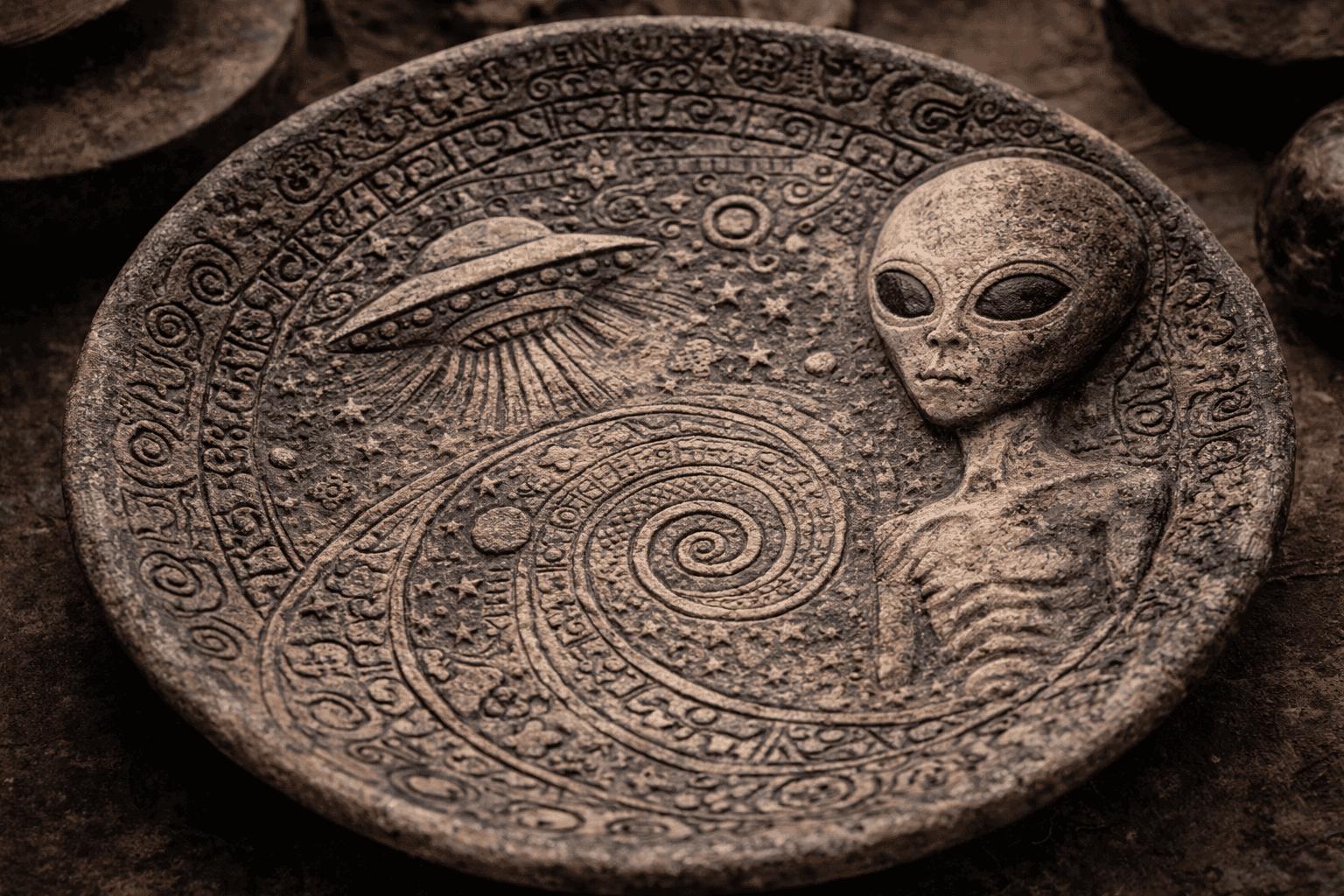 Eine runde Steinskulptur, die so genannte Lolladoff-Platte, zeigt eine außerirdische Figur mit großen Augen, einem spiralförmigen Muster, Sternen und einer fliegenden Untertasse, die Strahlen aussendet, umgeben von geheimnisvollen Symbolen und komplizierten Mustern. | alien-fakten.de