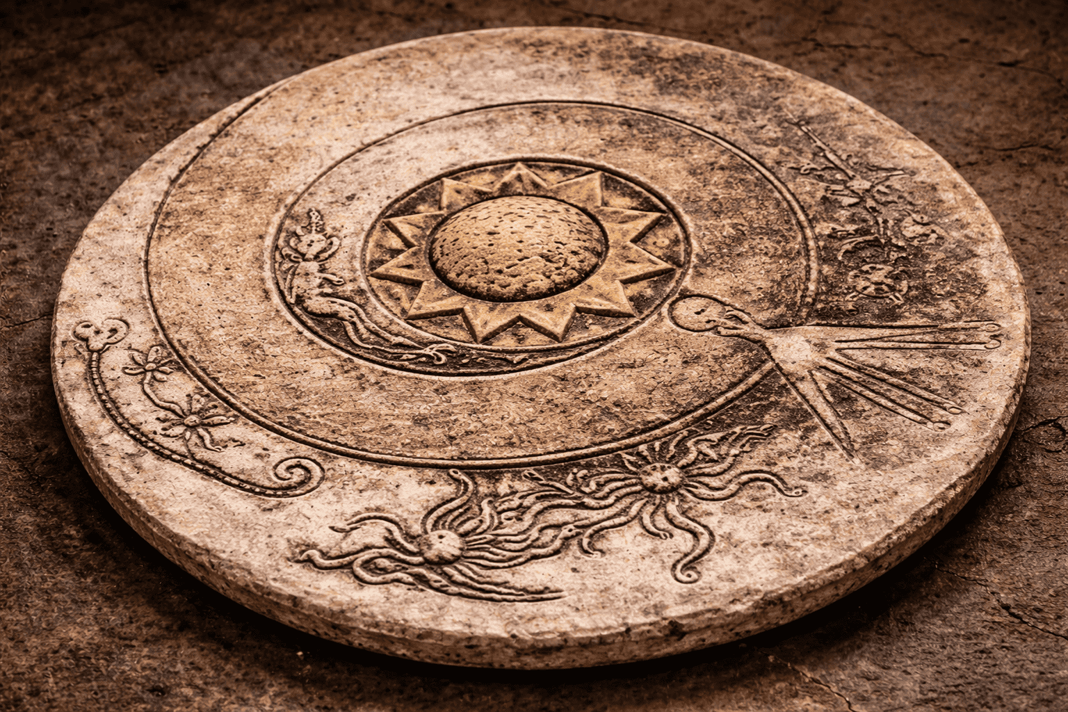 Eine runde, antike Steintafel, die als Lolladoff-Platte bekannt ist und auf der eine zentrale Sonne, umgeben von konzentrischen Kreisen, stilisierten pflanzenähnlichen und jenseitigen Mustern und strahlenden Linien auf einer braunen, strukturierten Oberfläche eingraviert ist. | alien-fakten.de