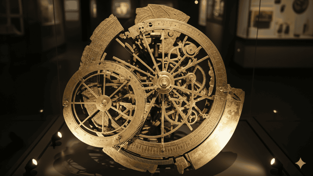Ein großes, kompliziertes antikes mechanisches Gerät mit vielen ineinander greifenden Zahnrädern und Rädern wird in einem Museum unter Scheinwerfern ausgestellt. Das Gerät hat ein verwittertes, metallisches Aussehen. | alien-fakten.de