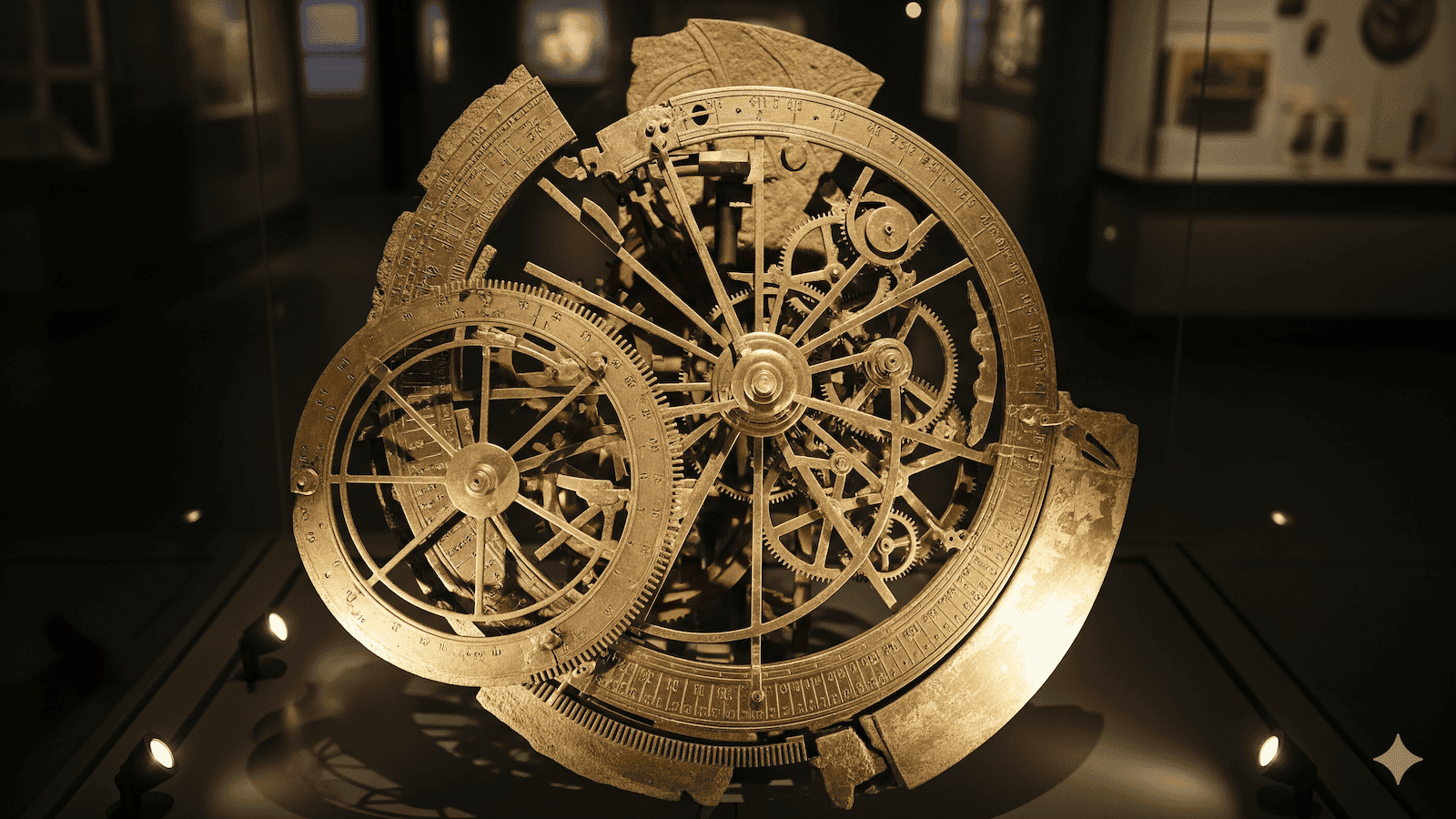 Ein großes, kompliziertes antikes mechanisches Gerät mit vielen ineinander greifenden Zahnrädern und Rädern wird in einem Museum unter Scheinwerfern ausgestellt. Das Gerät hat ein verwittertes, metallisches Aussehen. | alien-fakten.de