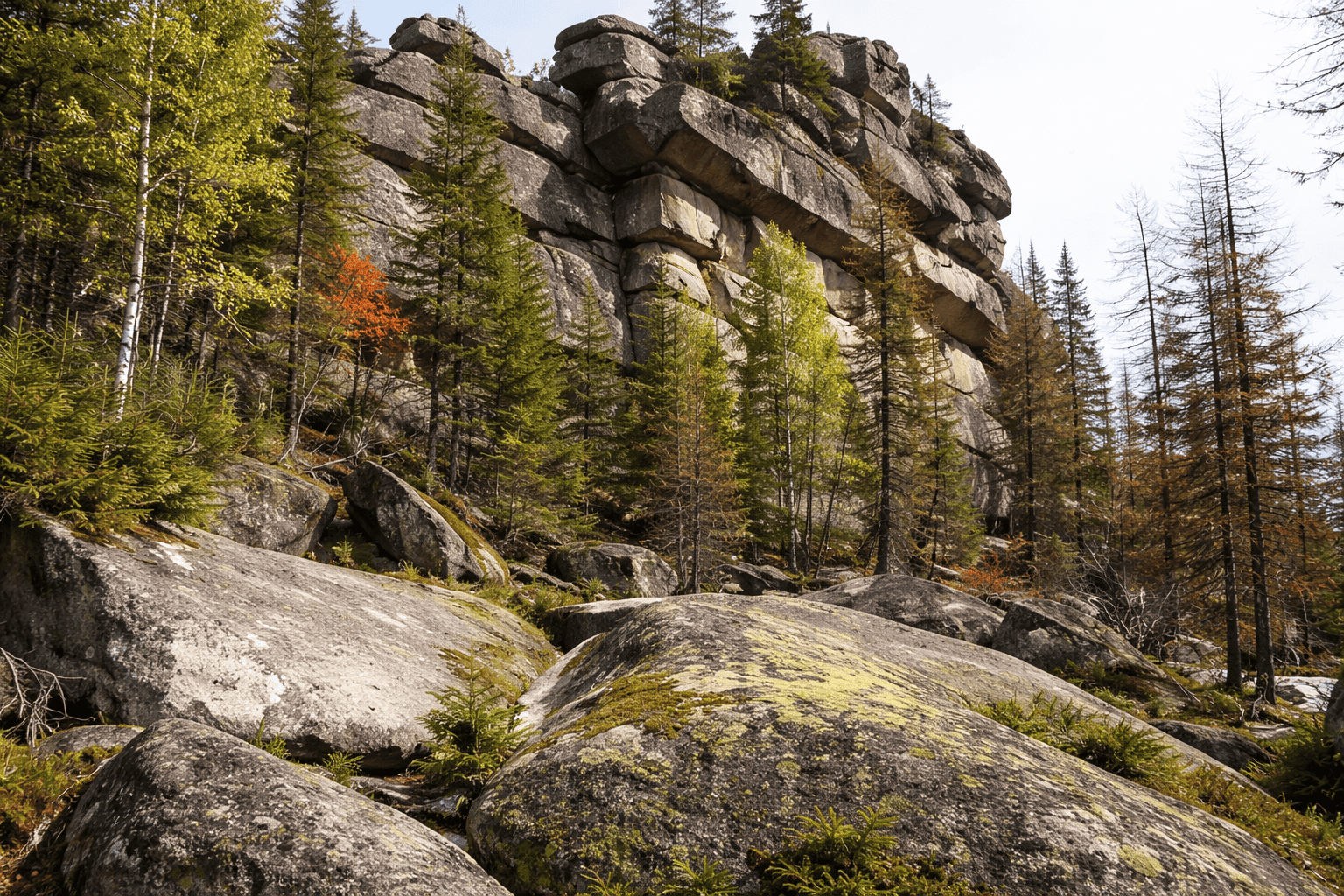 Große, zerklüftete Felsformationen, die Megalithen von Gornaya Shoria, erheben sich hinter einer Mischung aus immergrünen und laubabwerfenden Bäumen; moosbewachsene Felsbrocken säumen den Vordergrund, und einige Bäume zeigen sich im frühen Herbst in bunten Farben. | alien-fakten.de