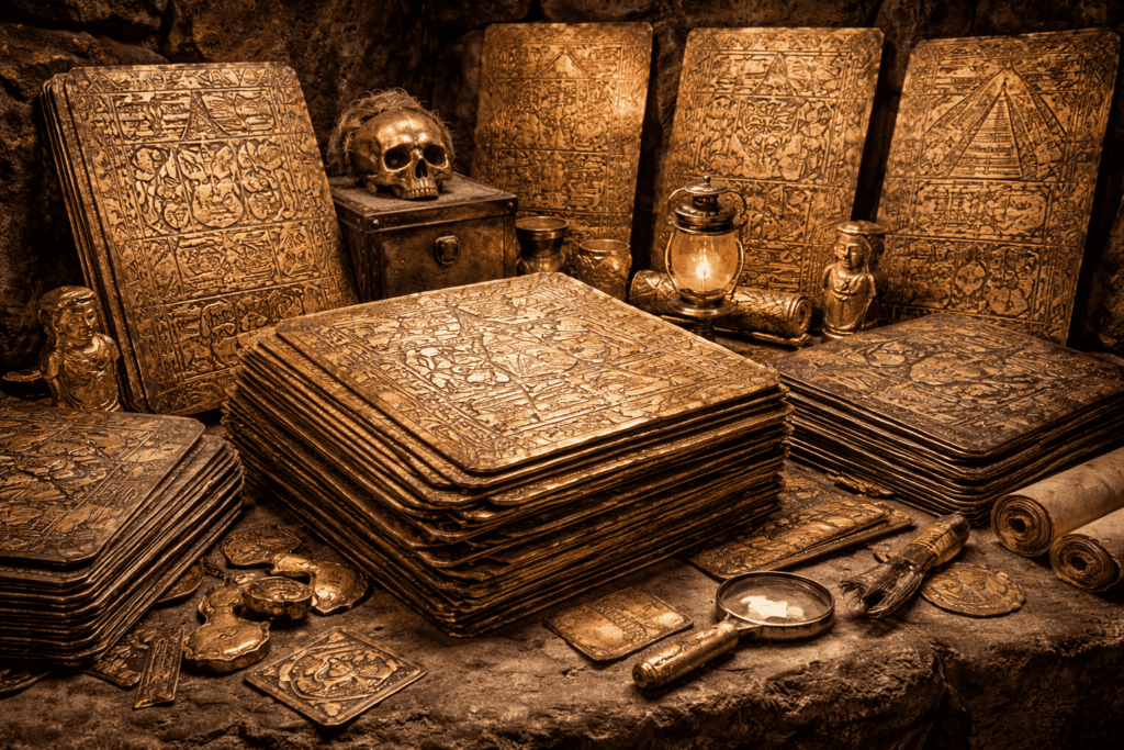 Alte Goldtafeln aus der berühmten Metall-Bibliothek, die mit Pater Crespi in Verbindung gebracht werden, sind auf einer Steinfläche zwischen Münzen, Statuen, einem Schädel, einer verschlossenen Kiste, einer Lupe, einer Schriftrolle und einer Öllaterne in einer schummrigen archäologischen Umgebung gestapelt. | alien-fakten.de