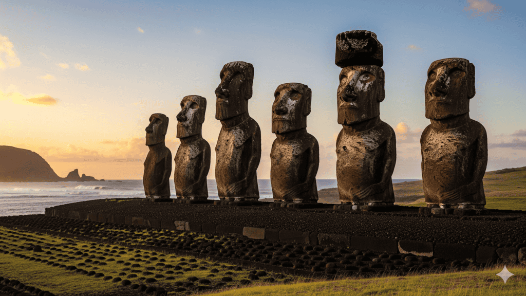 Eine Reihe großer Moai-Statuen aus Stein steht bei Sonnenaufgang auf der Osterinsel auf einer Steinplattform, im Hintergrund sind Grasflächen und das Meer zu sehen. | alien-fakten.de