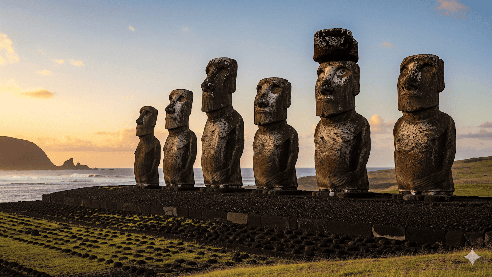 Eine Reihe großer Moai-Statuen aus Stein steht bei Sonnenaufgang auf der Osterinsel auf einer Steinplattform, im Hintergrund sind Grasflächen und das Meer zu sehen. | alien-fakten.de