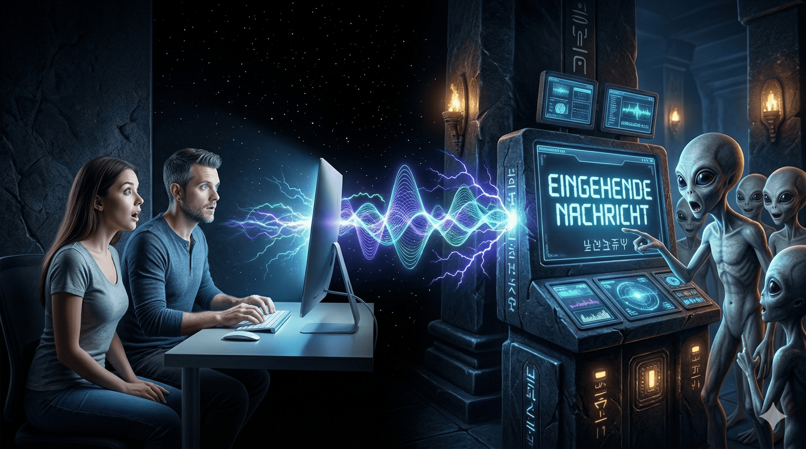 Ein überraschter Mann und eine Frau sitzen an einem Computer, während leuchtende Wellen sie mit einer Gruppe von Außerirdischen in einer dunklen Kammer verbinden, die auf einer High-Tech-Konsole EINGEHENDE NACHRICHT lesen. | alien-fakten.de