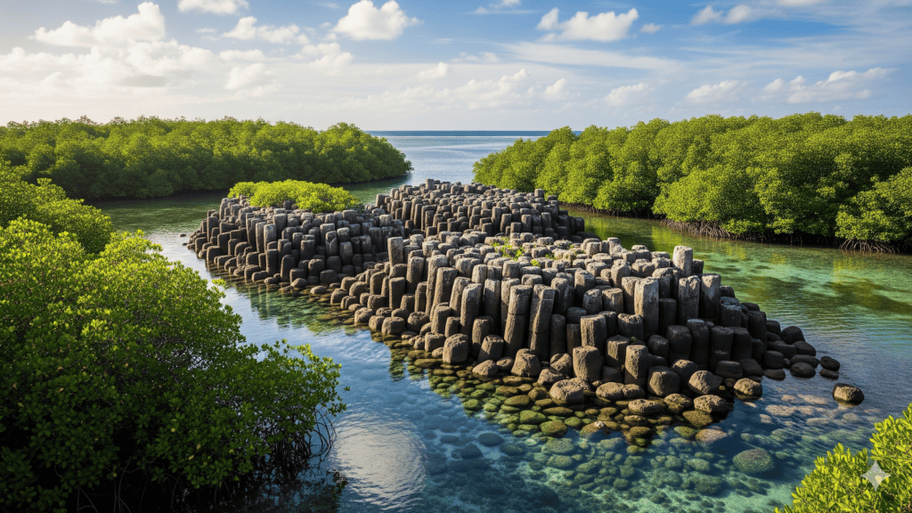 Eine Ansammlung sechseckiger Basaltsäulen erhebt sich aus dem klaren, flachen Wasser, umgeben von dichten grünen Mangroven unter einem blauen Himmel mit vereinzelten Wolken. | alien-fakten.de