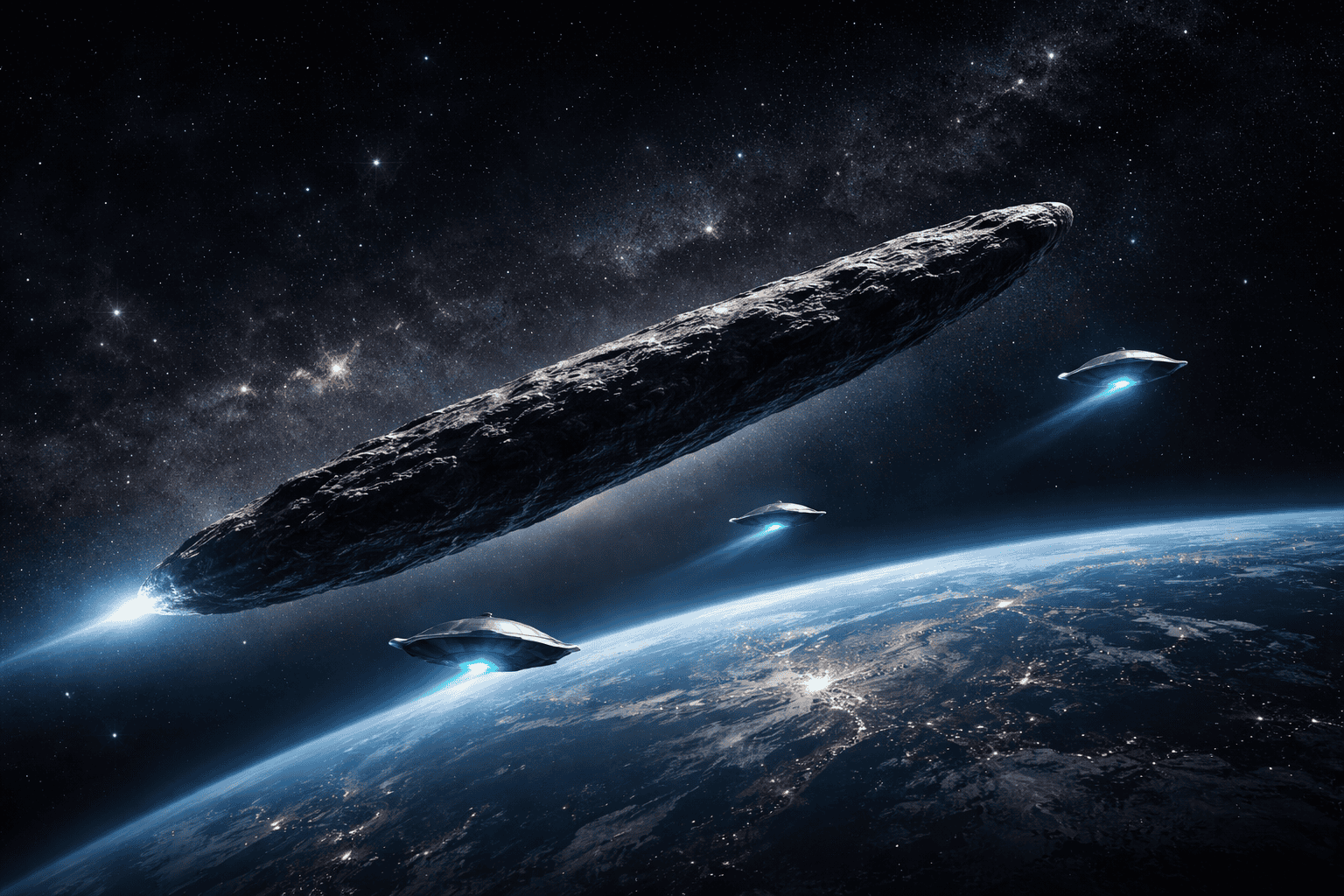 Ein längliches, Oumuamua-ähnliches interstellares Objekt und drei kleinere scheibenförmige Schiffe mit blauen Lichtern fliegen über der Erde im Weltraum, mit Sternen und der Milchstraße im Hintergrund. | alien-fakten.de