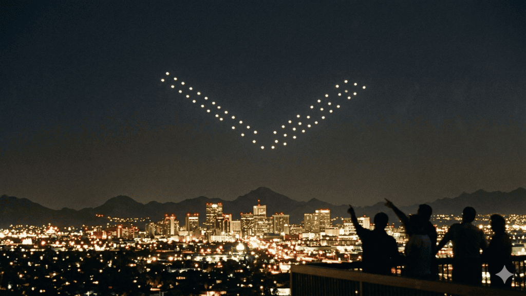 Eine Gruppe von Menschen auf einem nächtlichen Balkon zeigt auf eine V-förmige Formation heller Lichter am Himmel über einer Stadtlandschaft mit entfernten Bergen. | alien-fakten.de