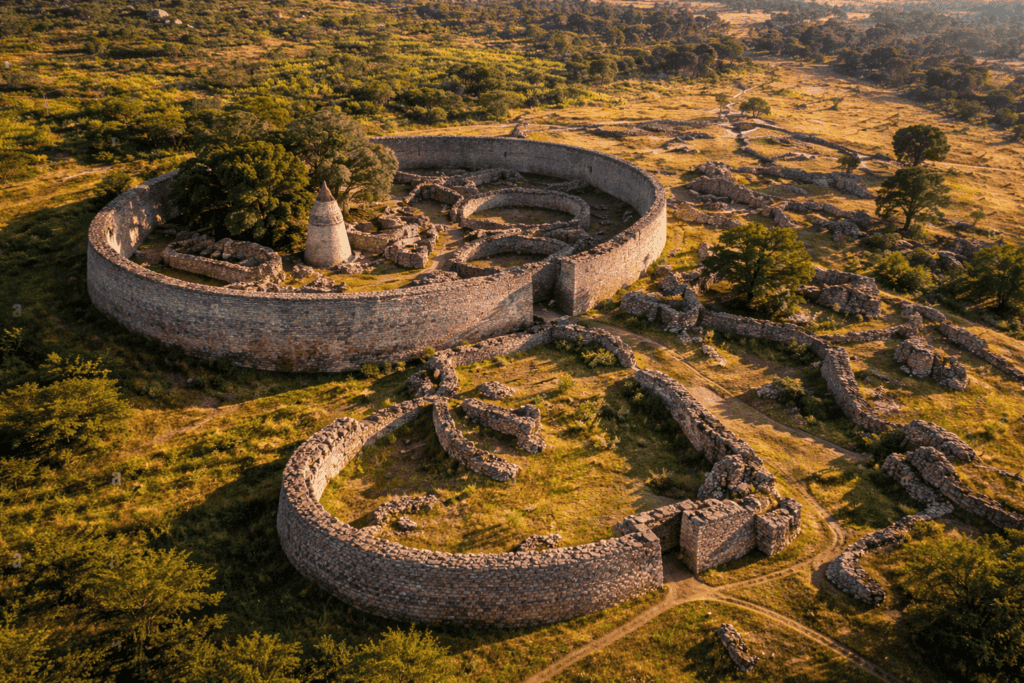 Luftaufnahme der Großen Simbabwe Ruinen mit ihren kreisförmigen Steinmauern, dem ikonischen kegelförmigen Turm und verstreuten alten Strukturen inmitten üppigen Grüns - eine der Top-Sehenswürdigkeiten von Simbabwe. | alien-fakten.de