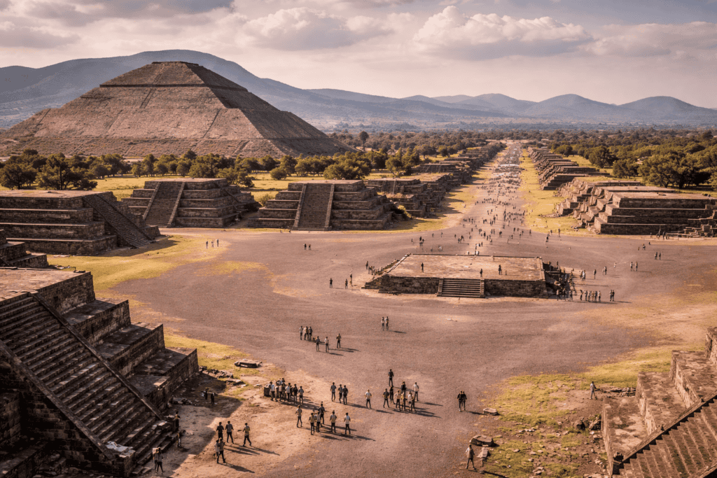 Eine weite Ansicht von Teotihuacán, Mexiko, zeigt die Sonnenpyramide im Hintergrund, Stufenpyramiden und Plattformen entlang der Straße der Toten und Gruppen von Touristen, die die antike Ruinenstadt unter einem teilweise bewölkten Himmel erkunden. | alien-fakten.de