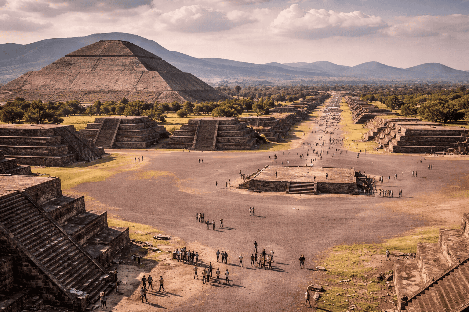 Eine weite Ansicht von Teotihuacán, Mexiko, zeigt die Sonnenpyramide im Hintergrund, Stufenpyramiden und Plattformen entlang der Straße der Toten und Gruppen von Touristen, die die antike Ruinenstadt unter einem teilweise bewölkten Himmel erkunden. | alien-fakten.de