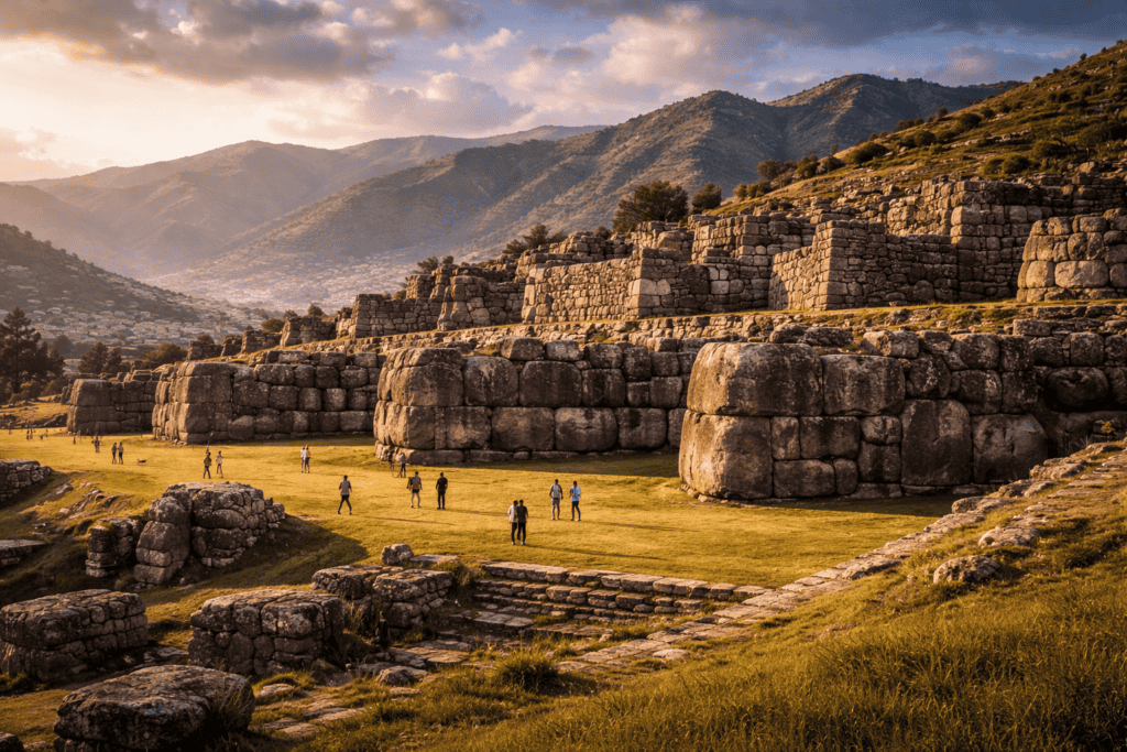 Die alten Steinruinen von Sacsayhuamán, einer monumentalen Festungsanlage, liegen bei Sonnenuntergang vor grünen Hügeln und Bergen, während im Vordergrund Menschen spazieren gehen und die Grasfläche erkunden. | alien-fakten.de