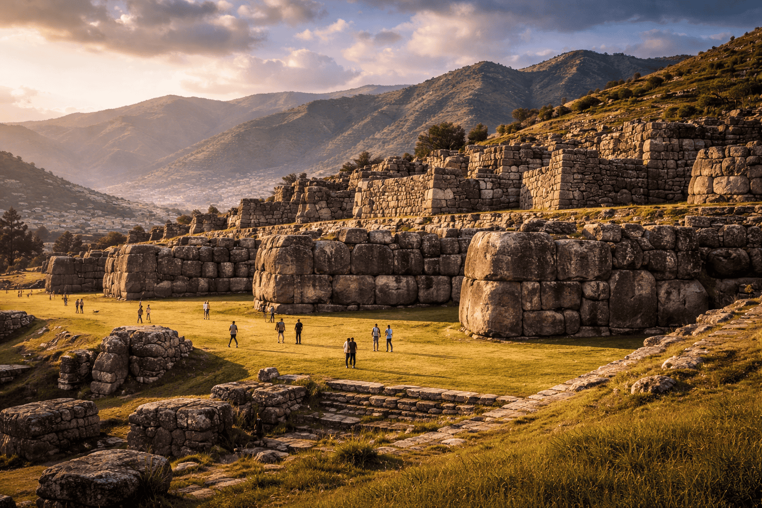 Die alten Steinruinen von Sacsayhuamán, einer monumentalen Festungsanlage, liegen bei Sonnenuntergang vor grünen Hügeln und Bergen, während im Vordergrund Menschen spazieren gehen und die Grasfläche erkunden. | alien-fakten.de