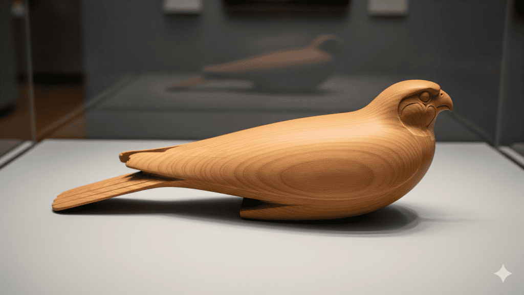 Eine glatte, minimalistische Holzskulptur eines Vogels mit einfachen geschnitzten Details, ausgestellt auf einer flachen Oberfläche in einer Glasvitrine mit sanfter Beleuchtung. | alien-fakten.de