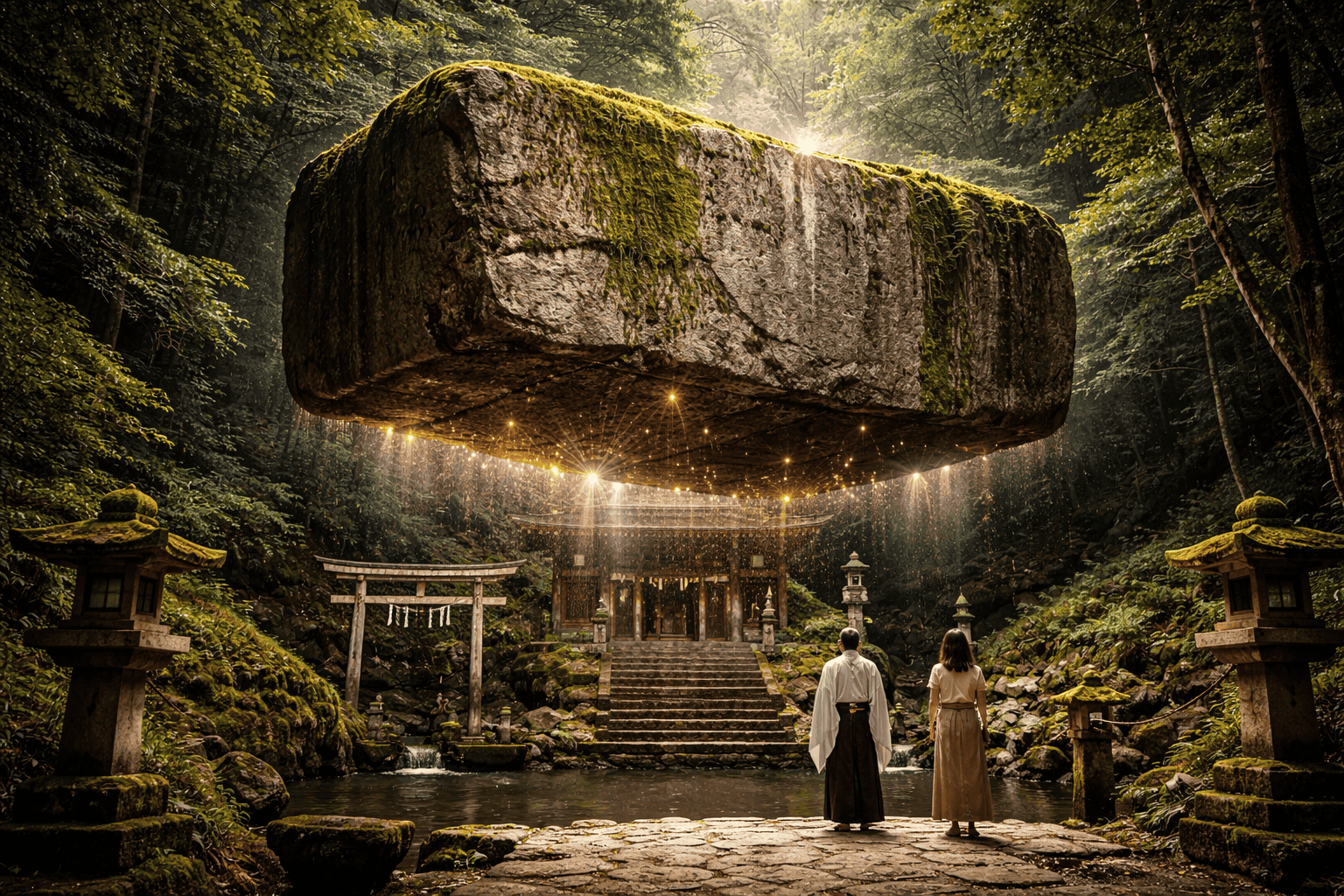 Zwei Menschen in traditioneller Kleidung stehen vor dem Ishi-no-Hoden, einem Schwebenden Steine-Denkmal - ein riesiger, moosbewachsener Stein, der in der Luft leuchtet, umgeben von Laternen, Treppen und einem ruhigen Wald mit einem entfernten Schrein. | alien-fakten.de