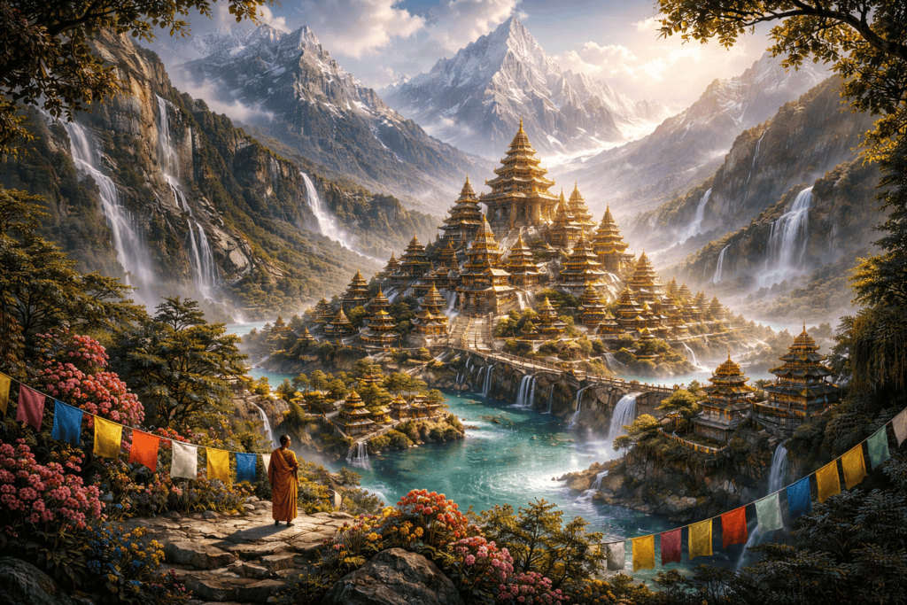 Ein Mönch steht vor einem weitläufigen, kunstvoll verzierten Tempelkomplex im legendären Reich Shambhala, umgeben von Wasserfällen, Bergen, üppigem Grün und bunten Gebetsfahnen, während das Sonnenlicht die ruhige Landschaft erhellt. | alien-fakten.de