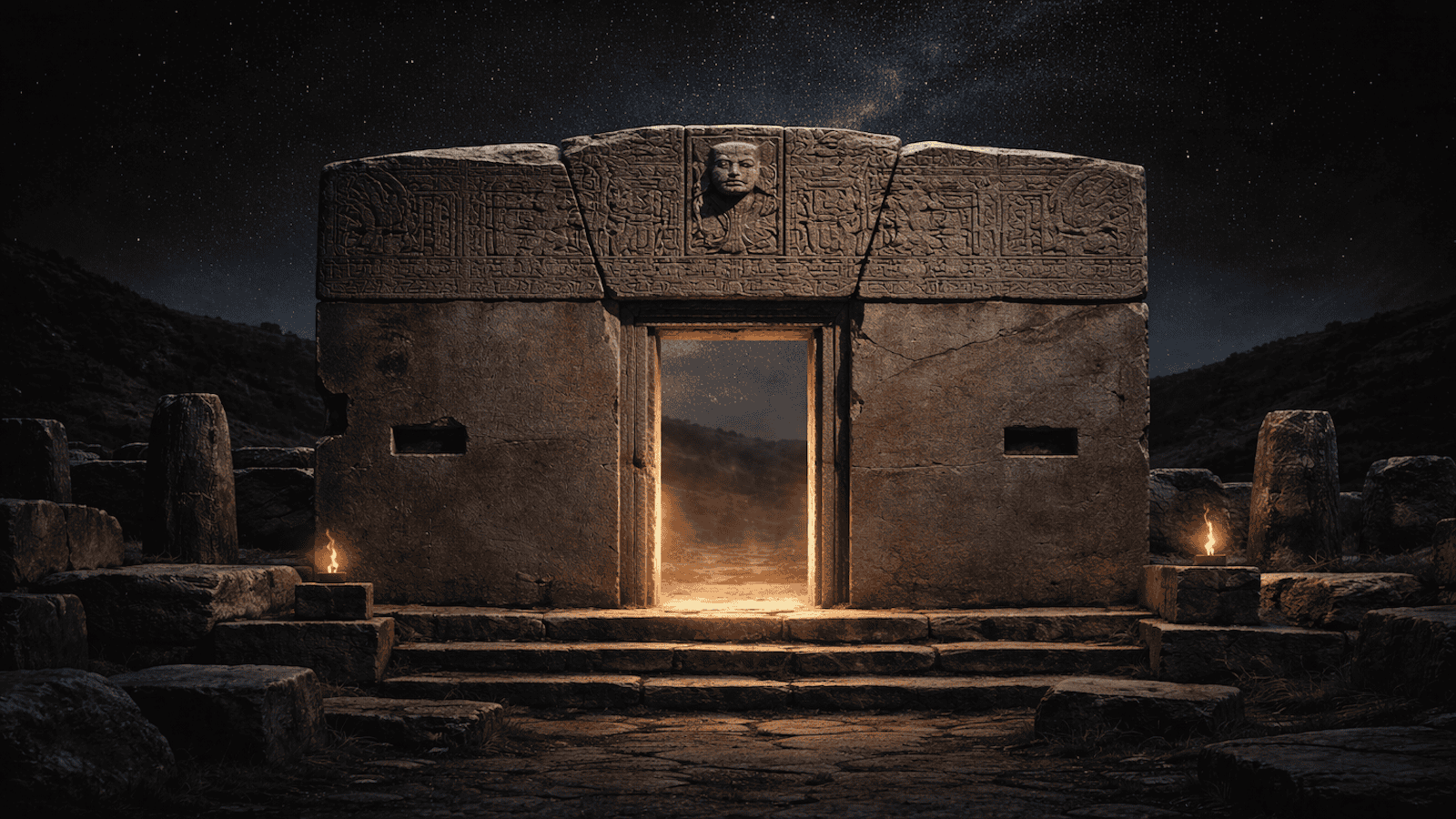 Ein altes Steintor mit Schnitzereien und einem menschlichen Gesicht an der Spitze ist nachts beleuchtet, flankiert von Fackeln, umgeben von Steinruinen und Hügeln unter einem Sternenhimmel. | alien-fakten.de