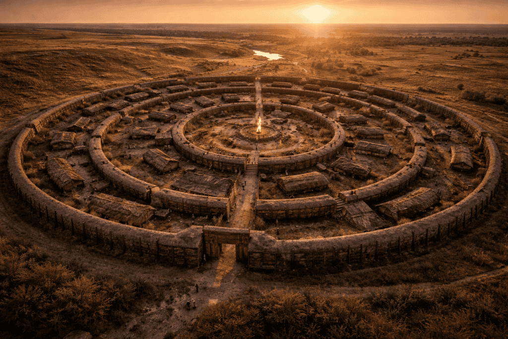 Luftaufnahme von Arkaim, einer großen kreisförmigen Steinfestung mit konzentrischen Mauern und trennenden Wegen, inmitten einer ländlichen Landschaft bei Sonnenuntergang; der Fluss schlängelt sich durch hügelige Felder - eine beeindruckende Stätte der Archäologie und der berühmten Steine von Arkaim. | alien-fakten.de