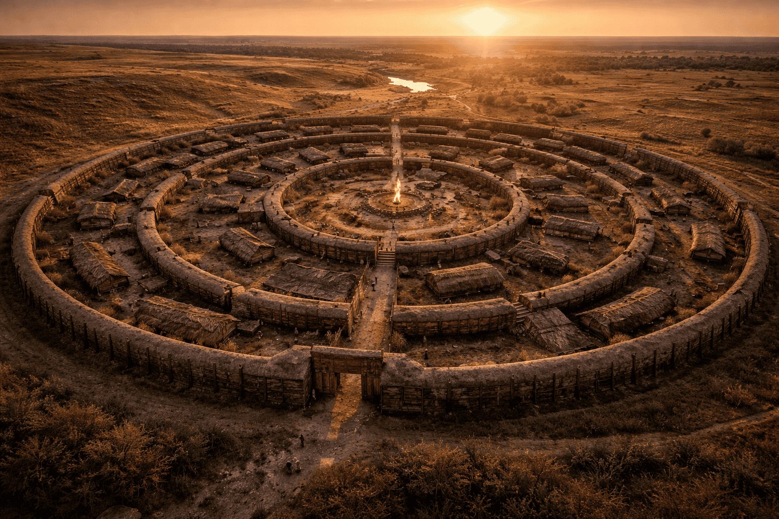 Luftaufnahme von Arkaim, einer großen kreisförmigen Steinfestung mit konzentrischen Mauern und trennenden Wegen, inmitten einer ländlichen Landschaft bei Sonnenuntergang; der Fluss schlängelt sich durch hügelige Felder - eine beeindruckende Stätte der Archäologie und der berühmten Steine von Arkaim. | alien-fakten.de