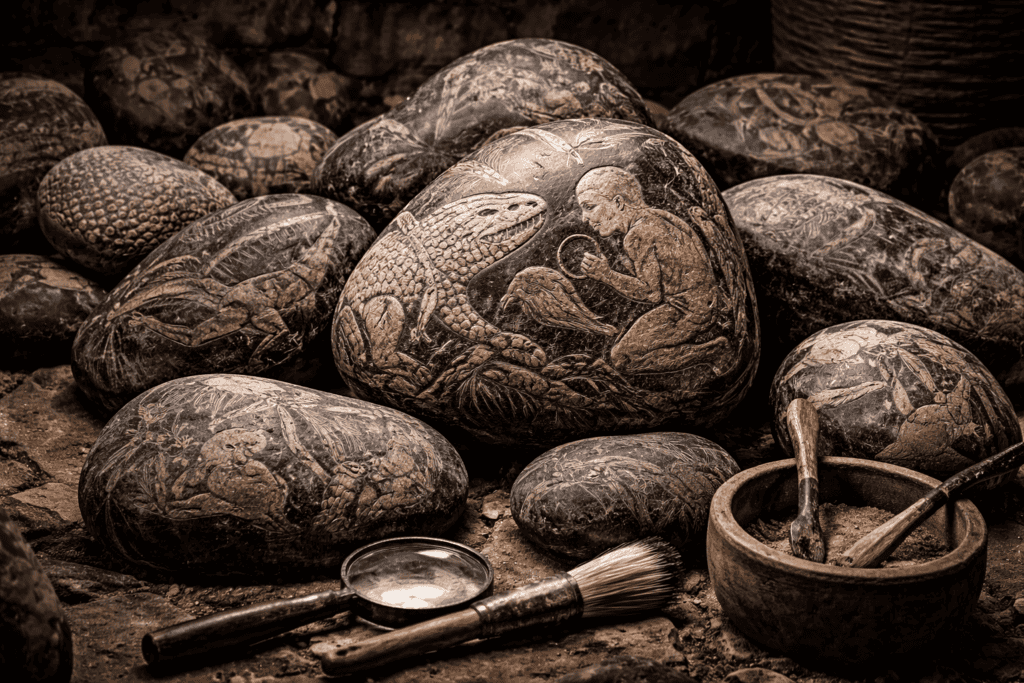 Mehrere gravierte Steine, die an die Steine von Ica erinnern, zeigen detaillierte Schnitzereien von Menschen und Dinosauriern. Umgeben von archäologischen Werkzeugen, darunter eine Lupe und Pinsel, wirkt die antike Szene sepia-farben. | alien-fakten.de