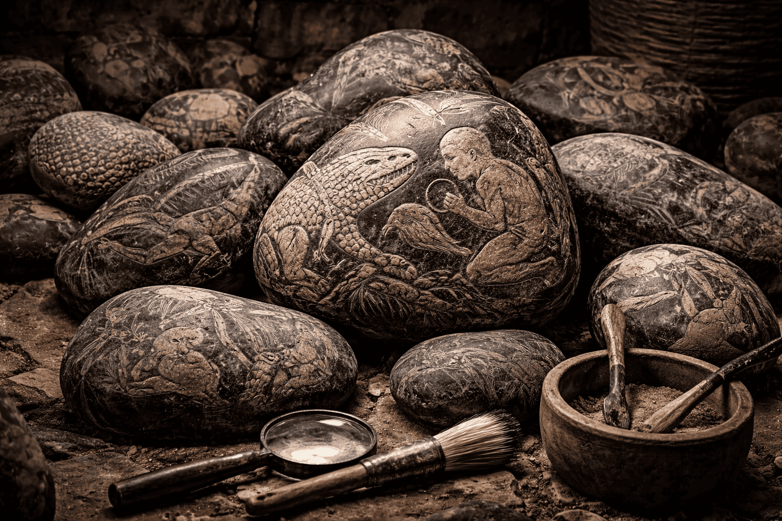 Mehrere gravierte Steine, die an die Steine von Ica erinnern, zeigen detaillierte Schnitzereien von Menschen und Dinosauriern. Umgeben von archäologischen Werkzeugen, darunter eine Lupe und Pinsel, wirkt die antike Szene sepia-farben. | alien-fakten.de